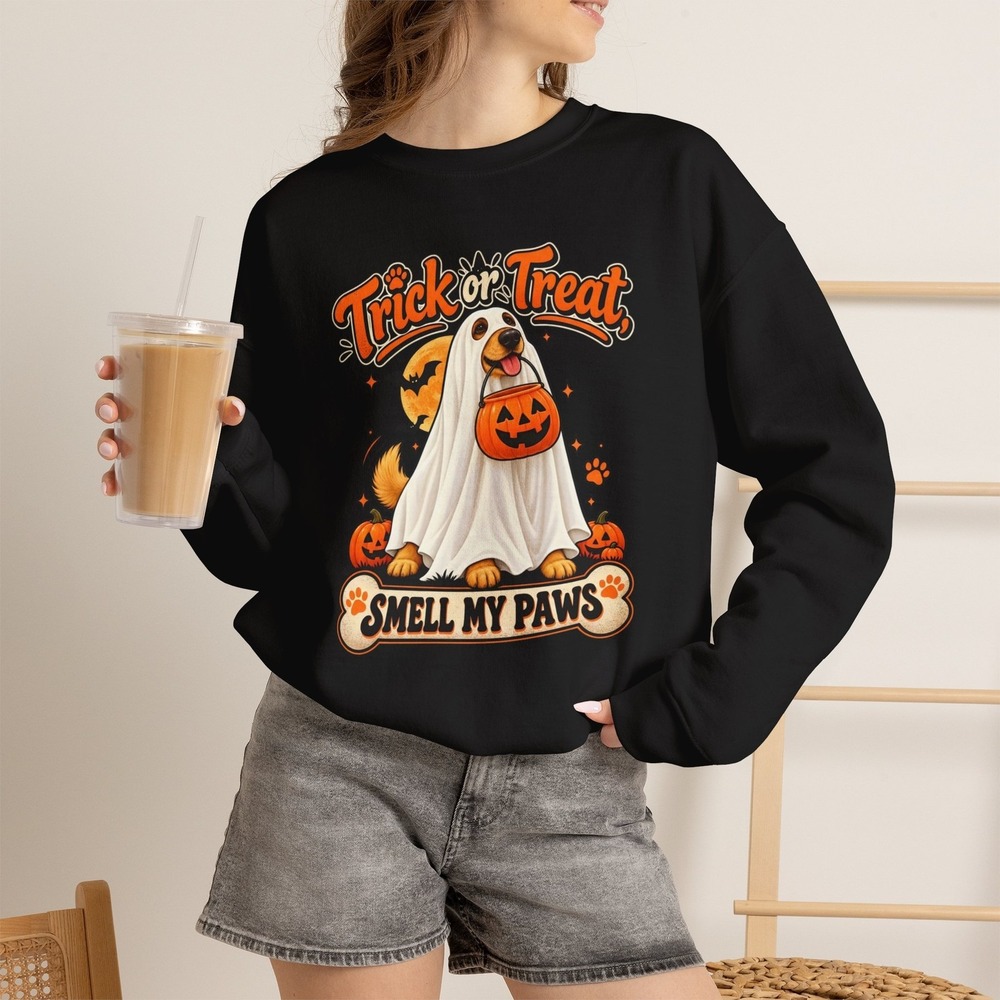 Trick or Treat Ghost Dog Smell My Paws Sweatshirt Halloween Pumpkin Pup